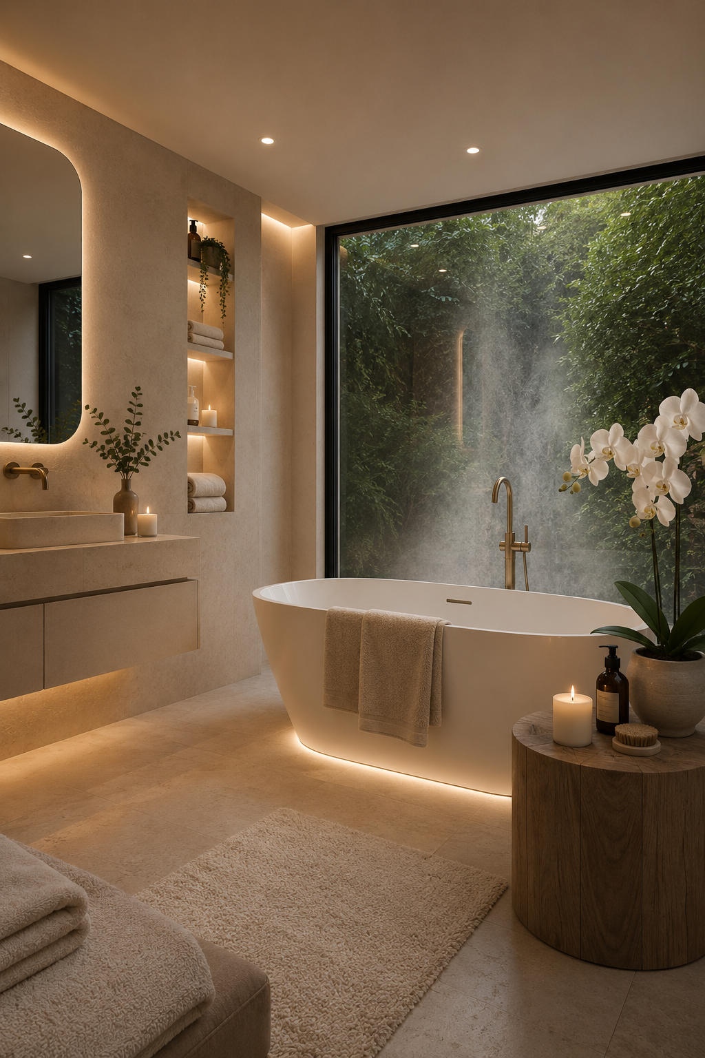 A calm modern bathroom with a freestanding white bath, warm stone tones and soft lighting