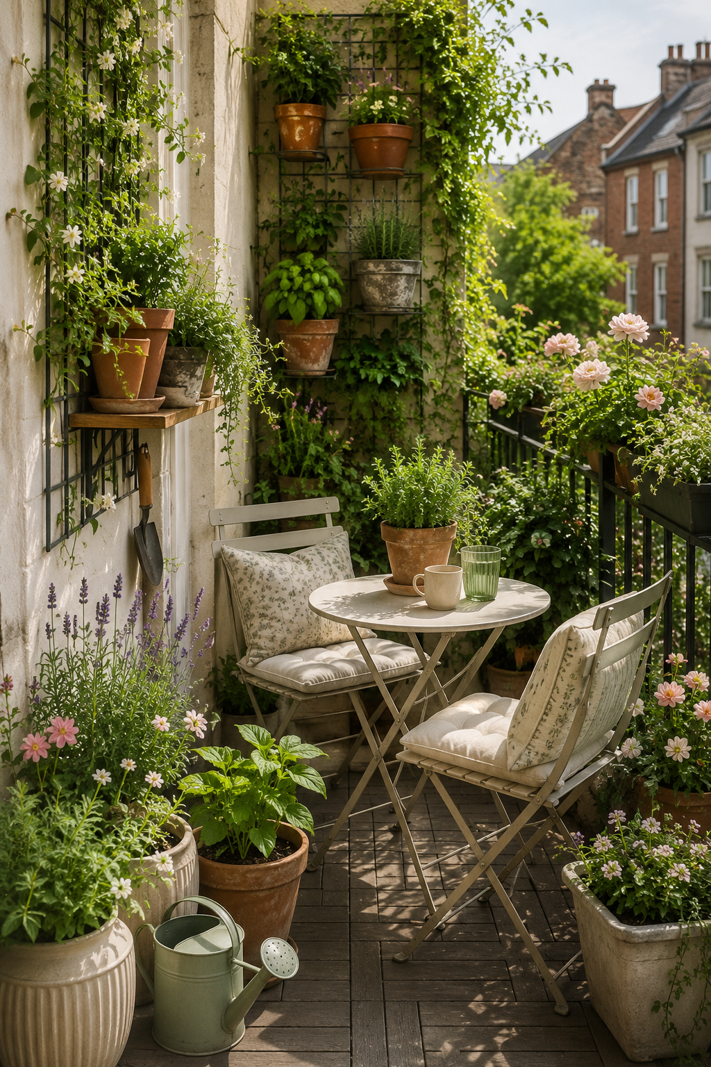 Tiny balcony garden with compact seating, potted plants and small outdoor styling ideas