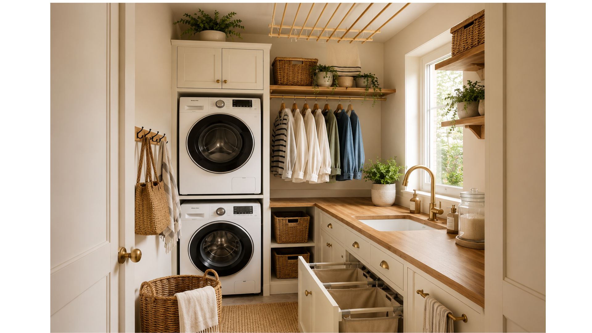 Small utility room with stacked washer dryer, wooden worktop, hanging rail, baskets and built-in laundry storage