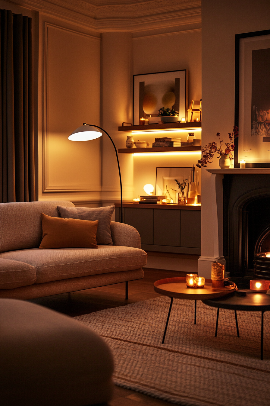 A warmly lit living room in the evening with layered table lamps, soft shadows and glowing pools of warm light