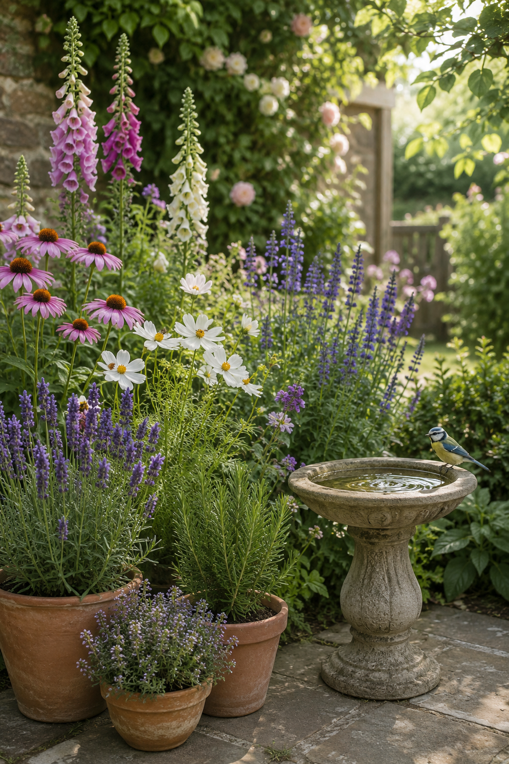 Wildlife-friendly garden planting with flowers for bees, birds and butterflies