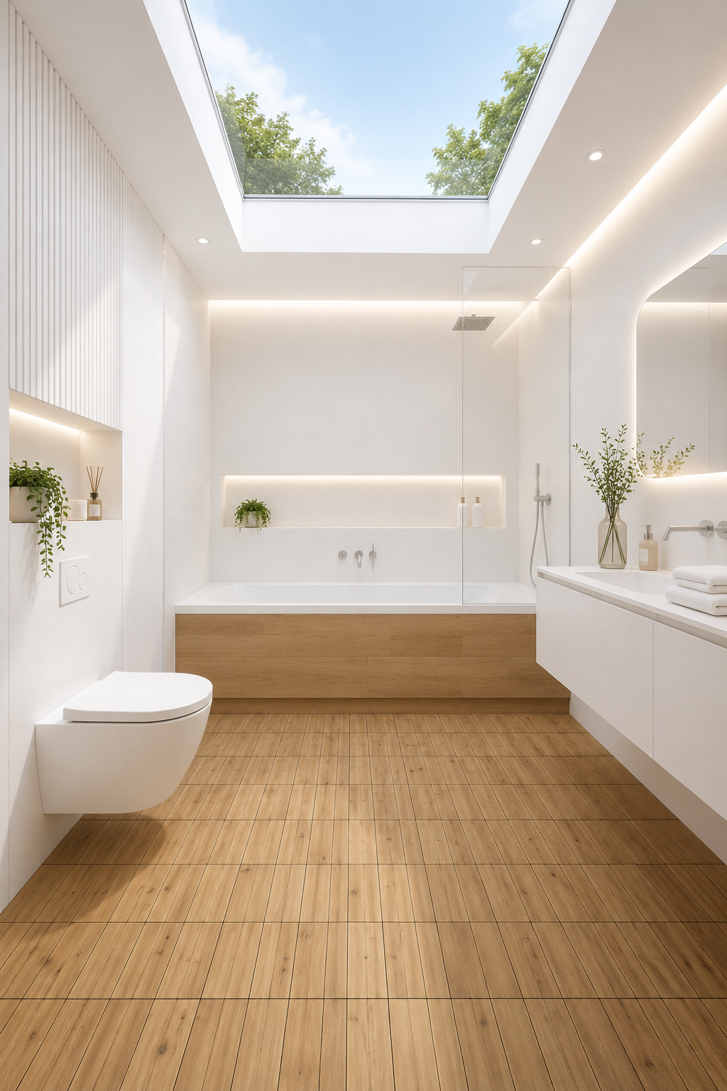 A calm white bathroom with warm wood floor tiles, a wood-panelled bath, and skylight above