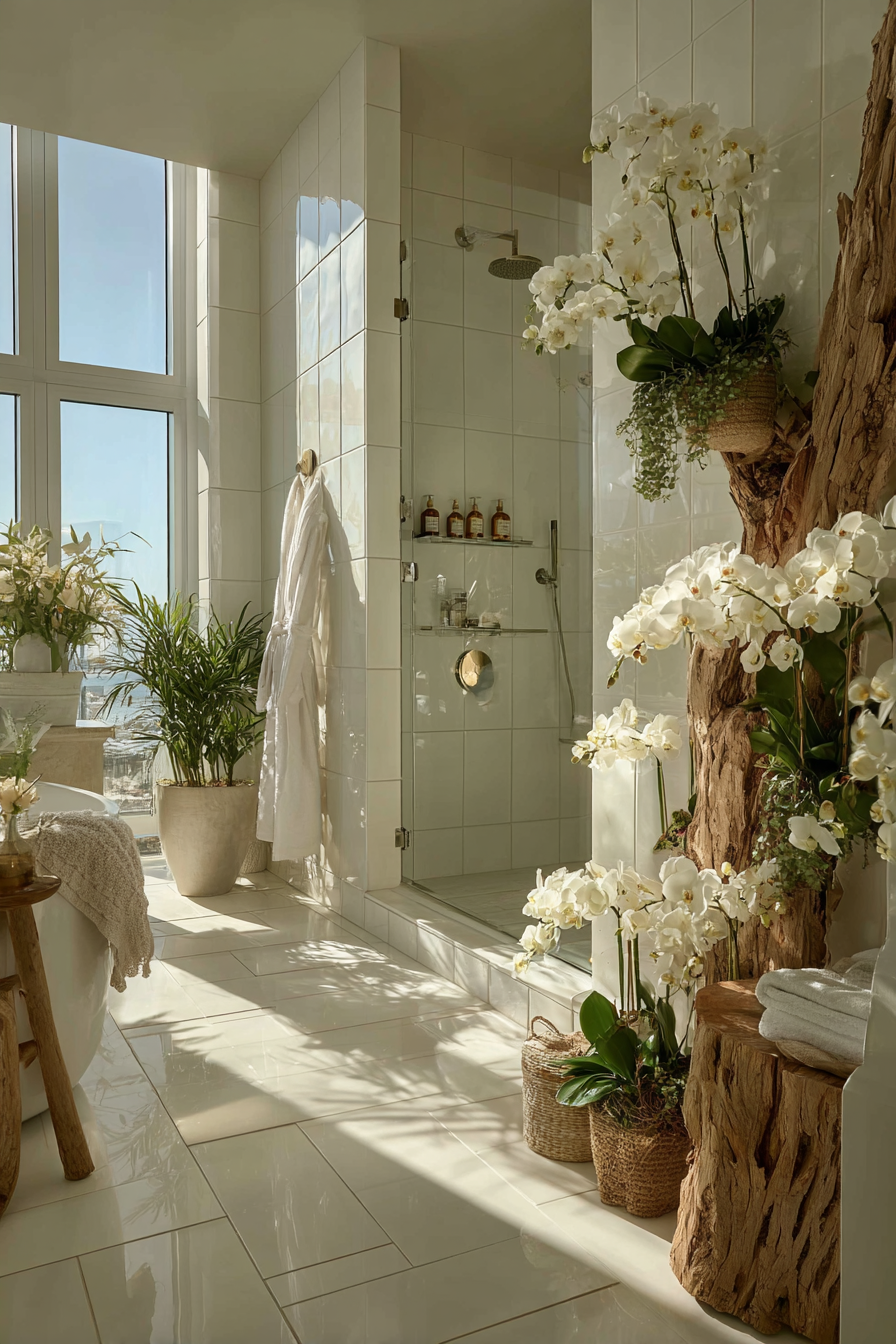 Bright airy quiet luxury bathroom with white orchids, soft neutral tones, glass shower and woven textures
